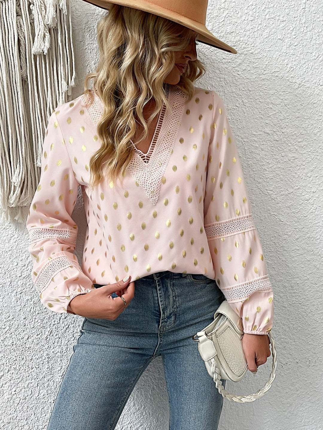 Pink V-Neck Solid Long Sleeves Polyester Top