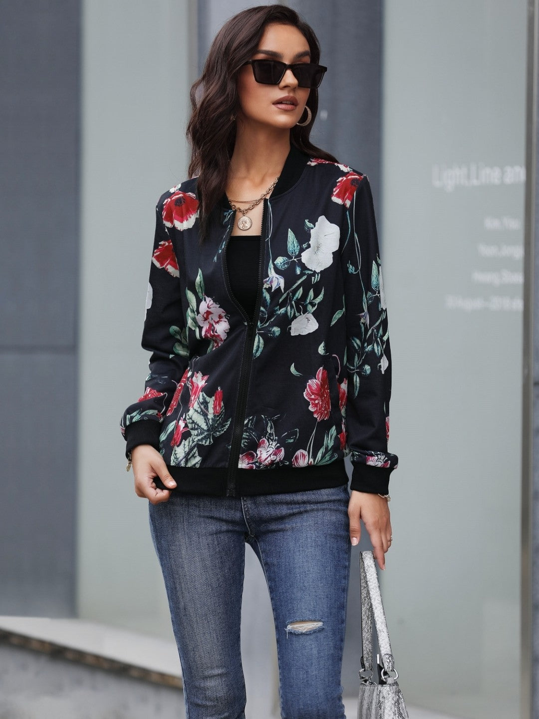 Black Round Neck Floral Long Sleeves Polyester Top