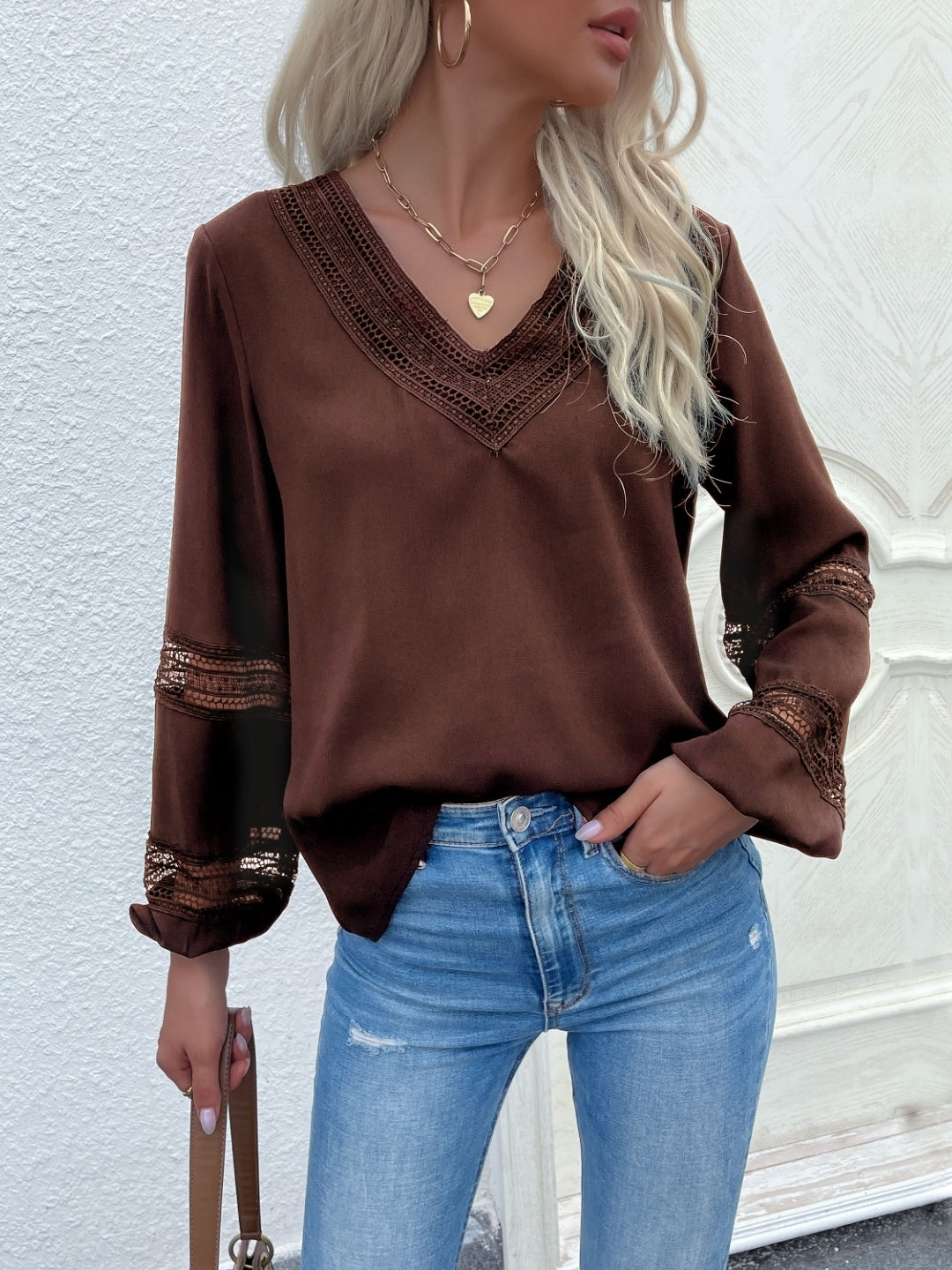 Brown V-Neck Solid Long Sleeves Polyester Top