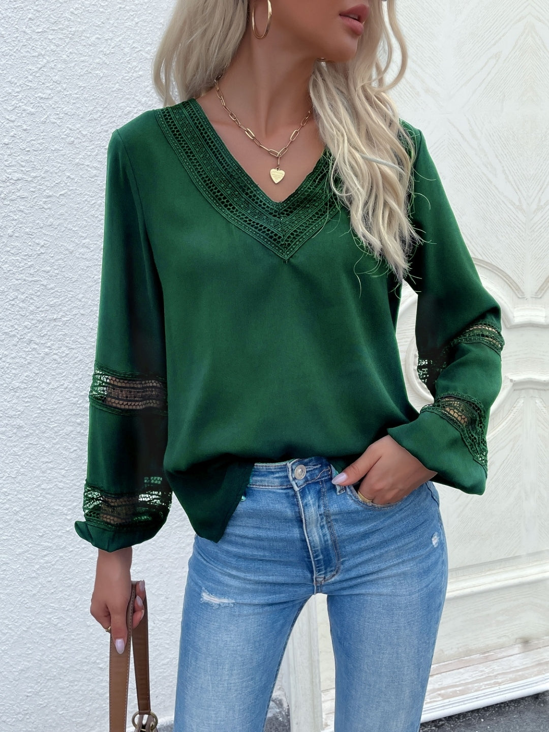 Green V-Neck Solid Long Sleeves Polyester Top