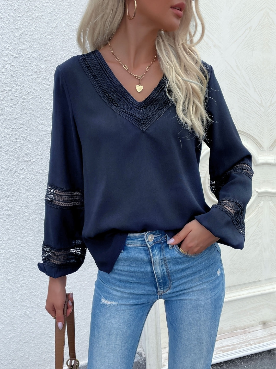 Navy Blue V-Neck Solid Long Sleeves Polyester Top