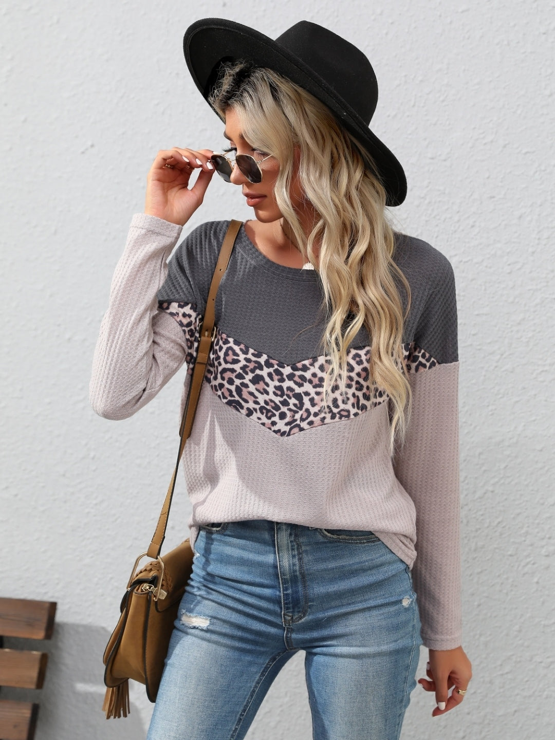 Grey Round Neck Animal Print Long Sleeves Polyester Top