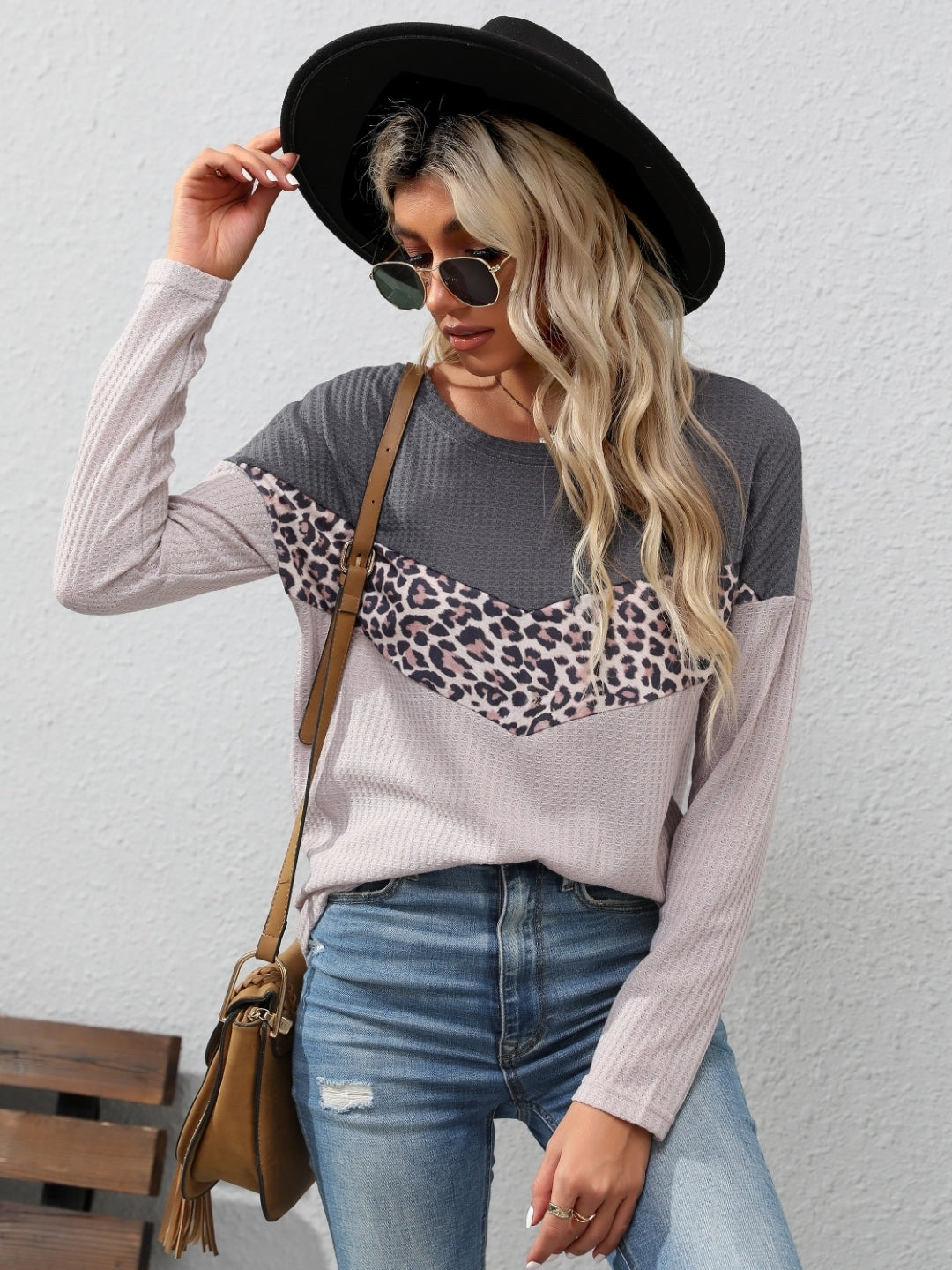 Grey Round Neck Animal Print Long Sleeves Polyester Top