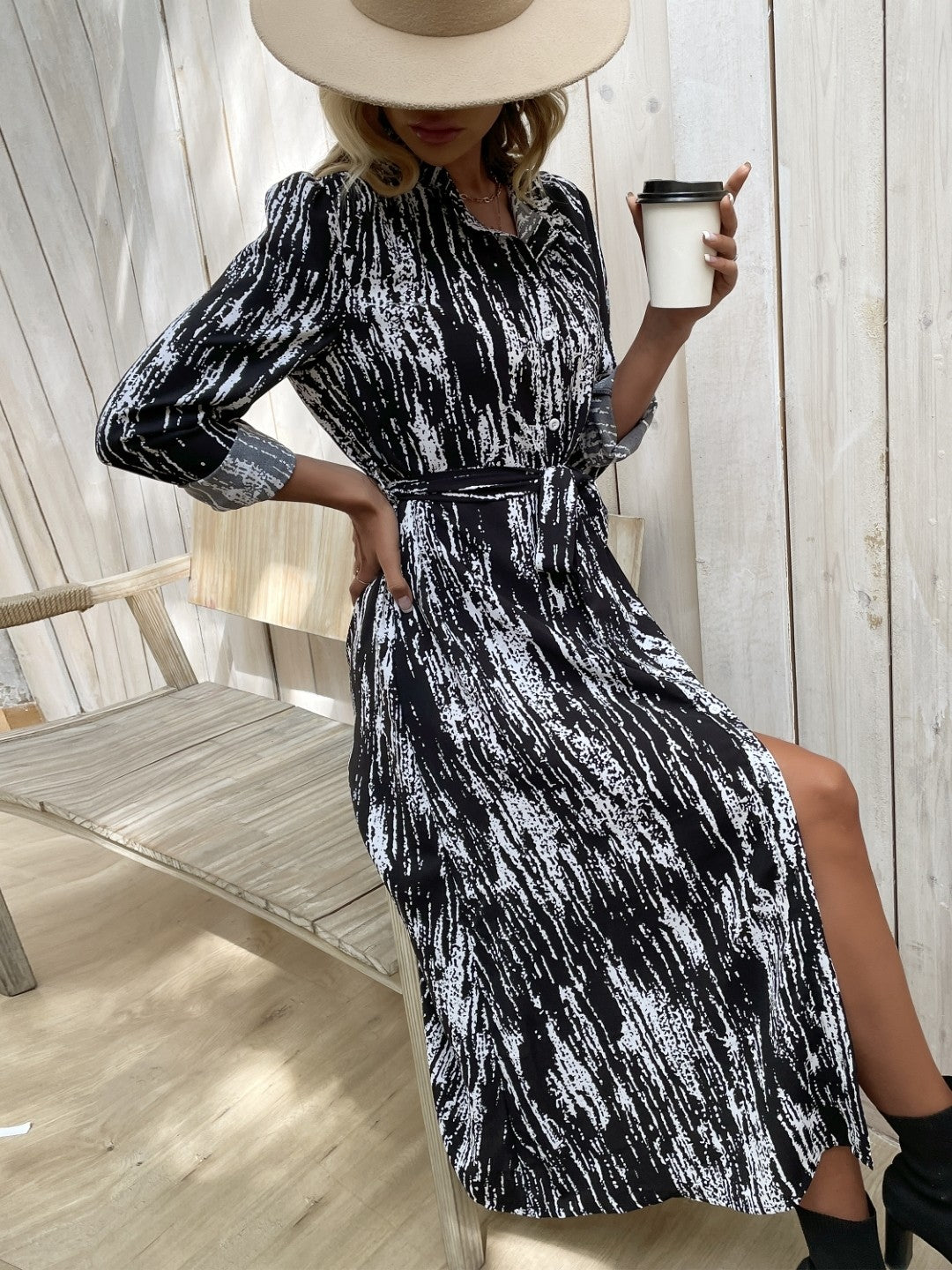 Black Shirt Collar Abstract Long Sleeve Knee Length A-Line Polyester Dress