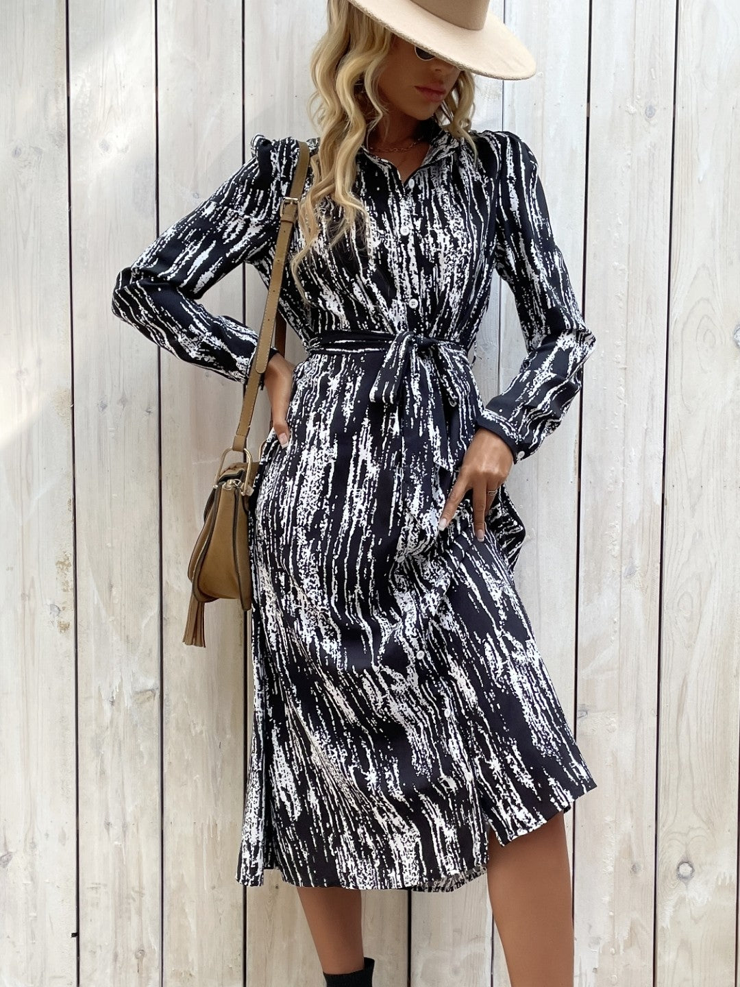 Black Shirt Collar Abstract Long Sleeve Knee Length A-Line Polyester Dress