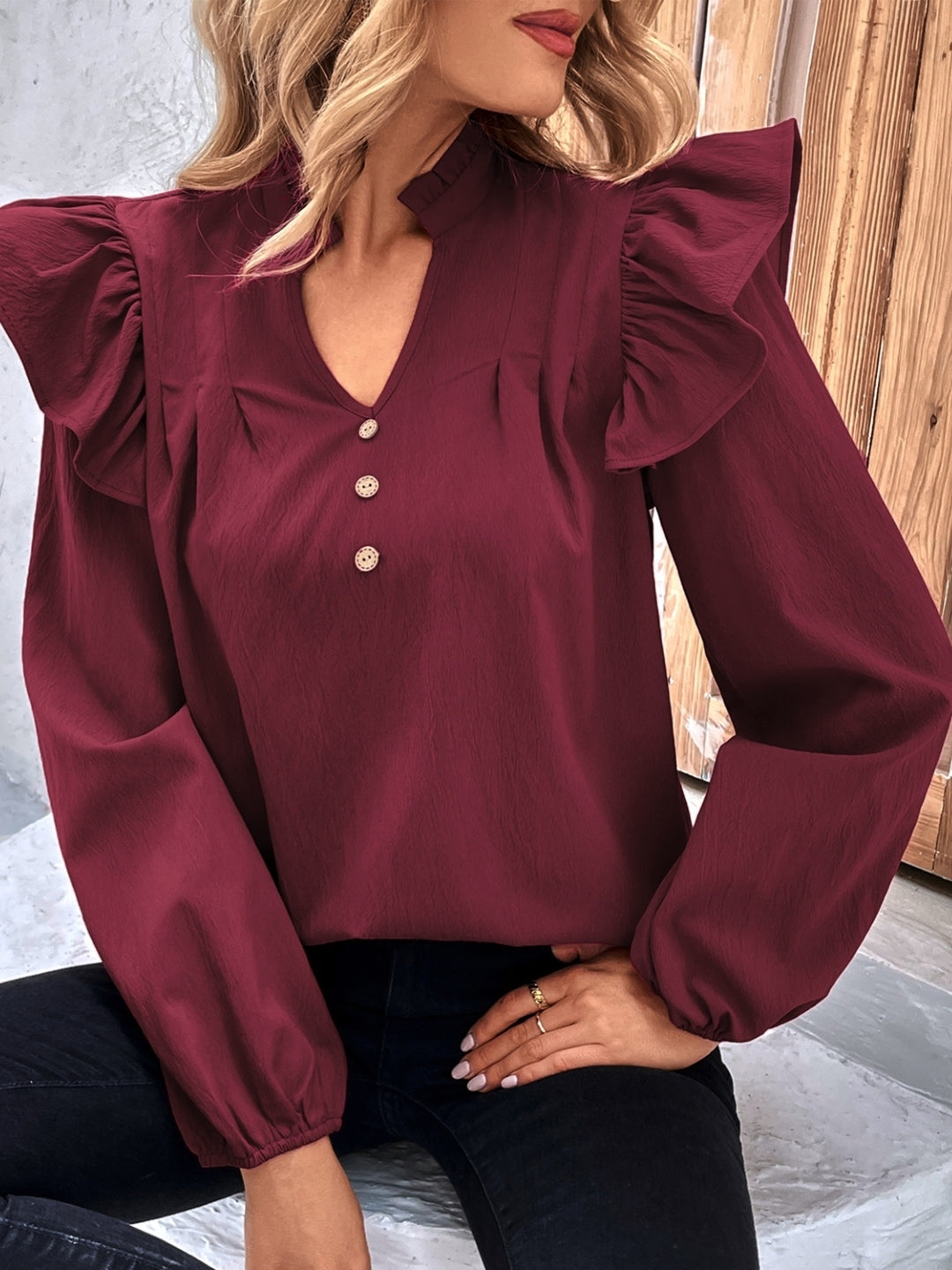 Red V-Neck Solid Long Sleeves Polyester Top