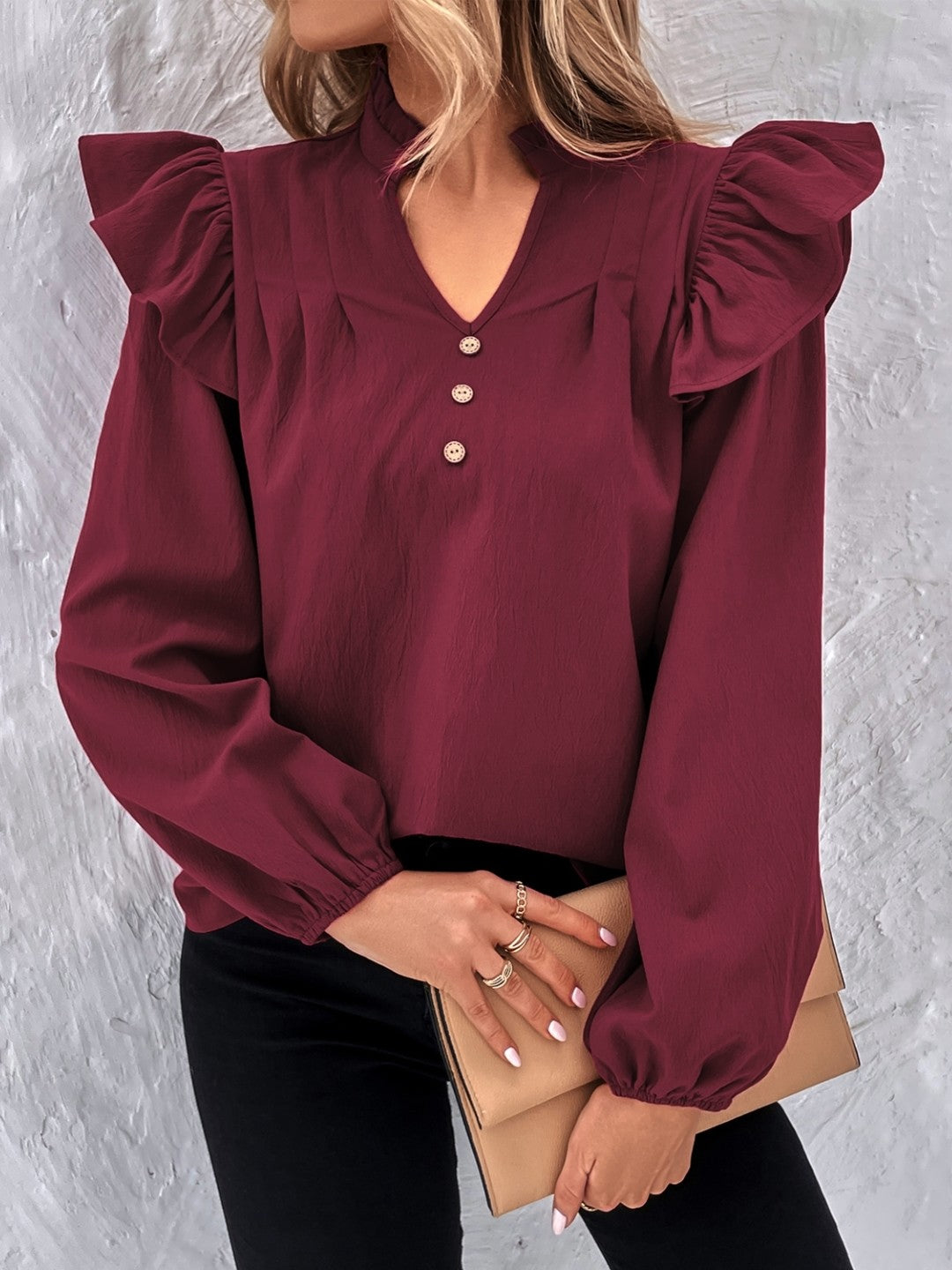 Red V-Neck Solid Long Sleeves Polyester Top