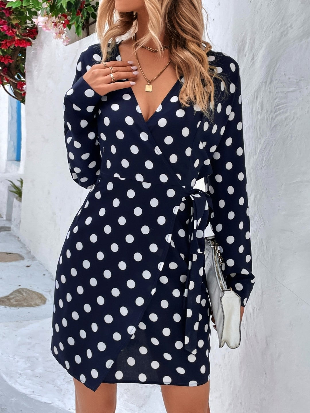 Navy Blue V-Neck Polka Dots Long Sleeves Above Knees A-Line Polyester Dress