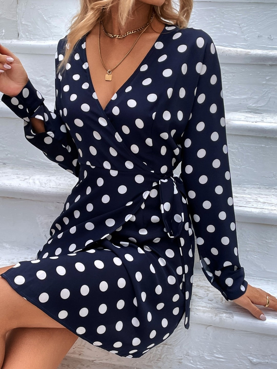 Navy Blue V-Neck Polka Dots Long Sleeves Above Knees A-Line Polyester Dress