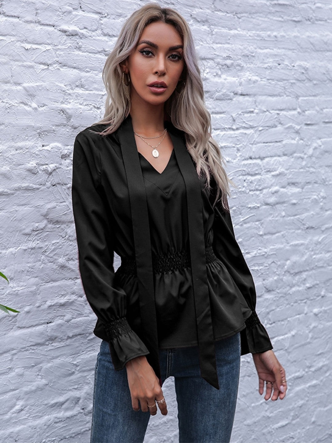 Black V-Neck Solid Long Sleeves Polyester Top