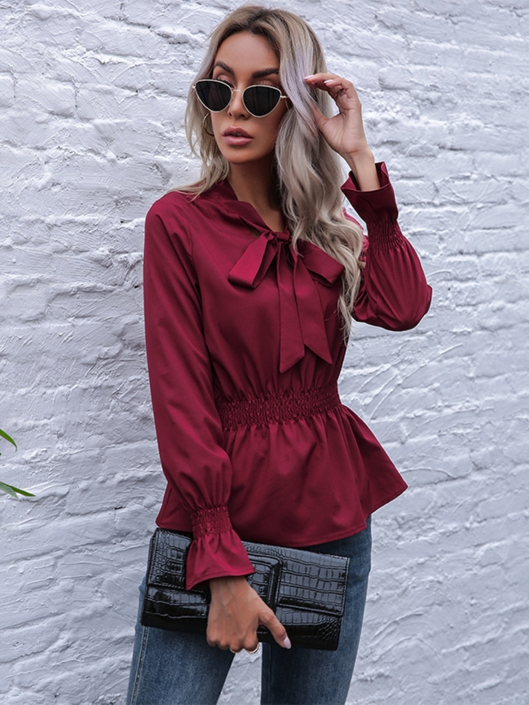 Red V-Neck Solid Long Sleeves Polyester Top