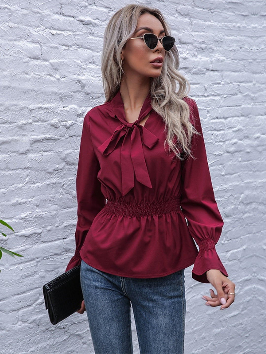 Red V-Neck Solid Long Sleeves Polyester Top