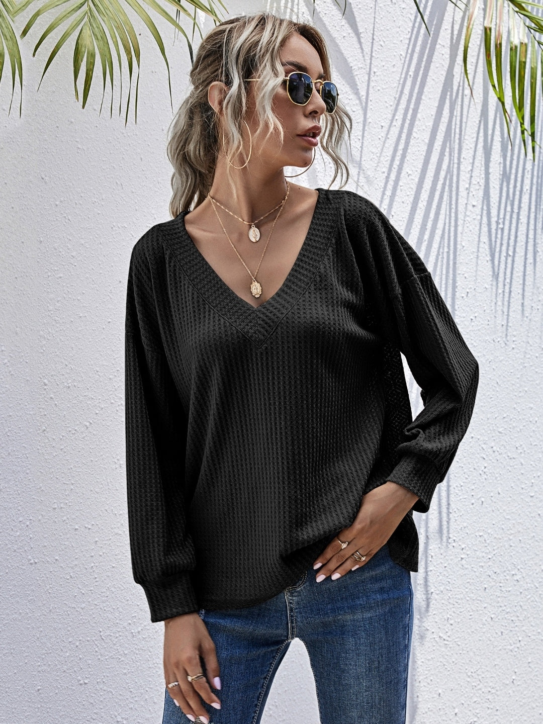 Black V-Neck Solid Long Sleeves Polyester Top