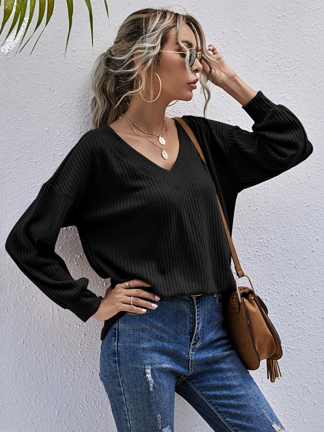 Black V-Neck Solid Long Sleeves Polyester Top