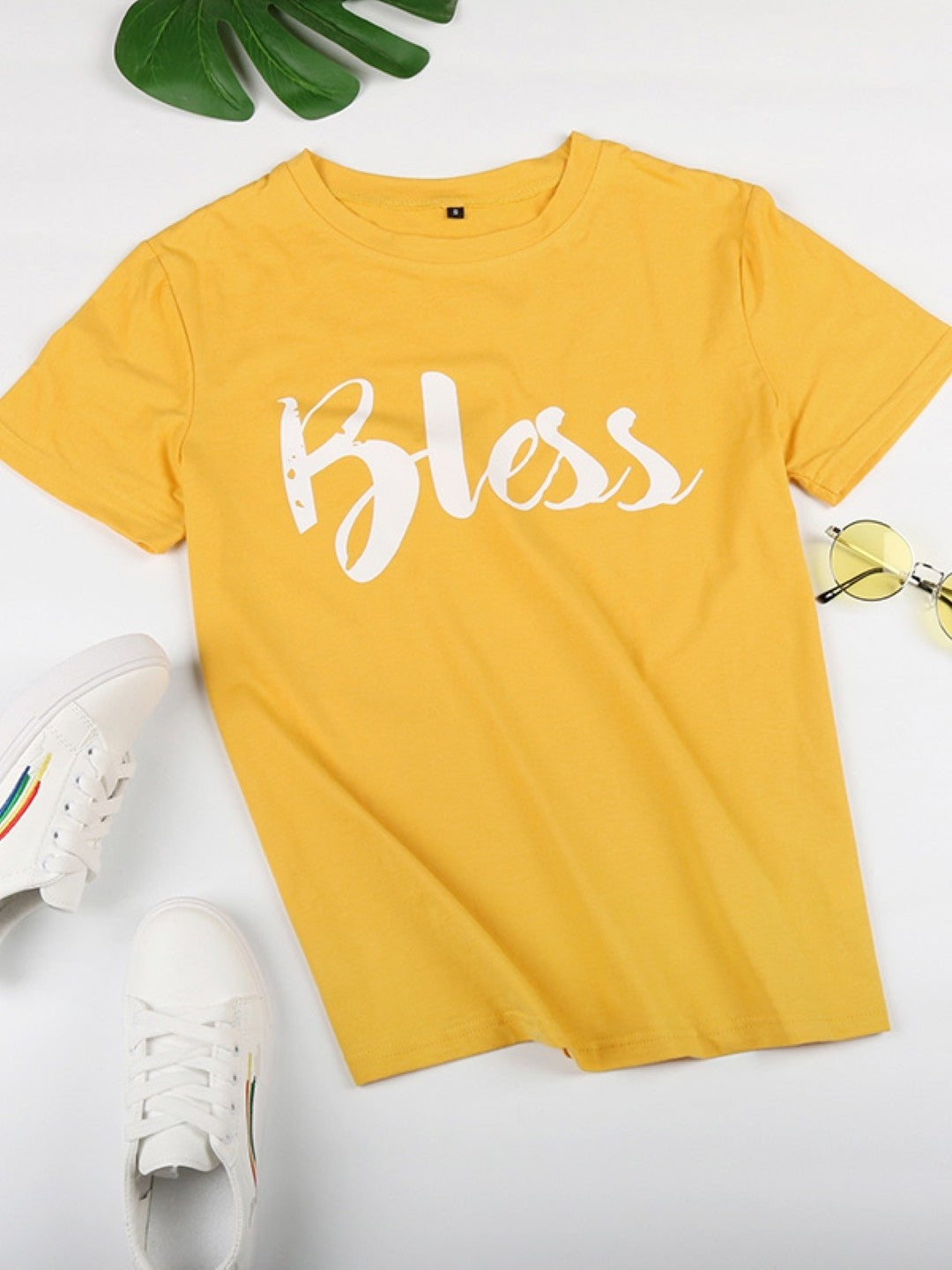 Yellow Round Neck Graphics Short Sleeves Cotton Top