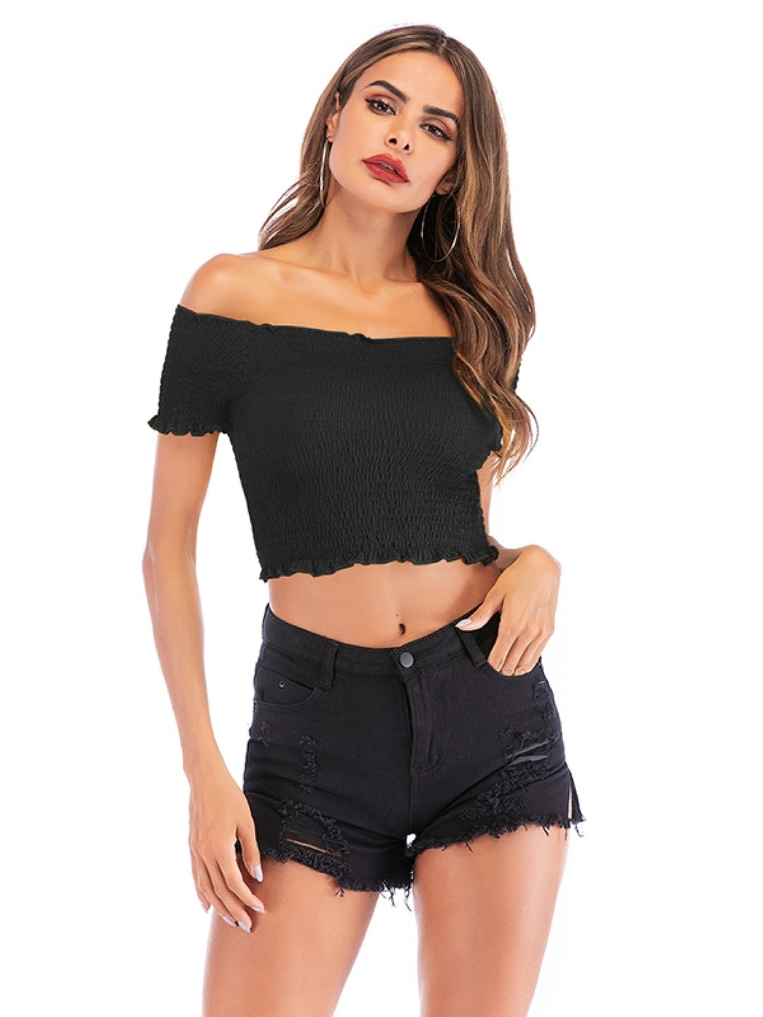 Black Off-Shoulder Solid Short Sleeves Polyester Crop Top