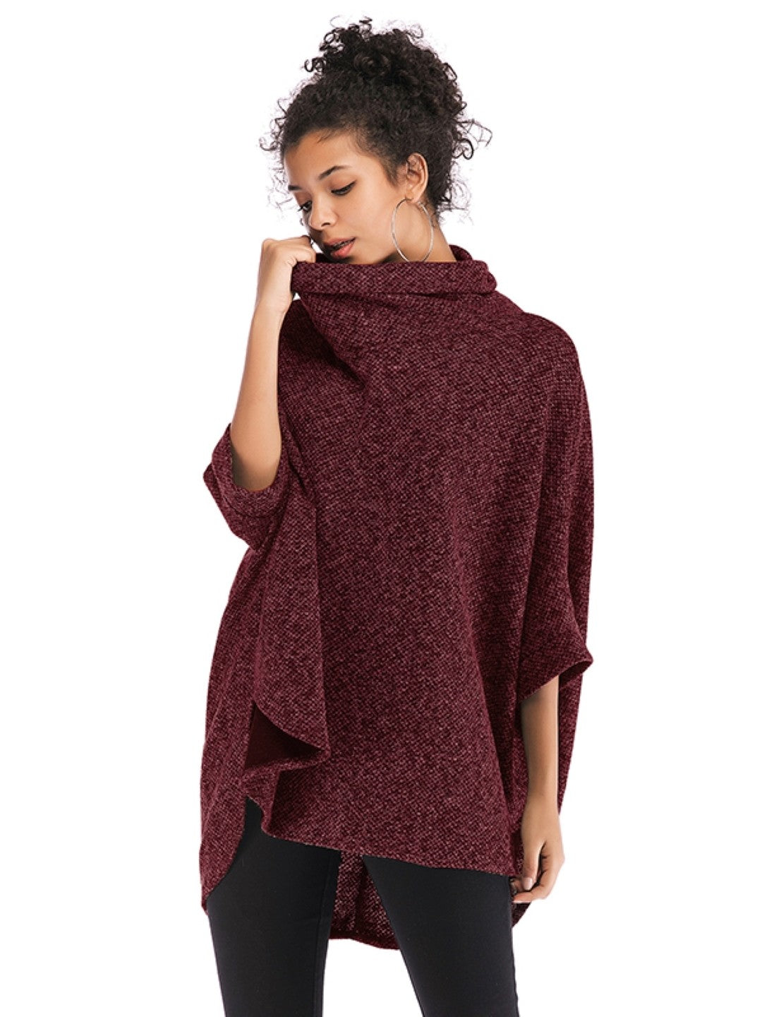 Burgundy Round Neck Solid Three-Quarter Sleeves Polyester Top