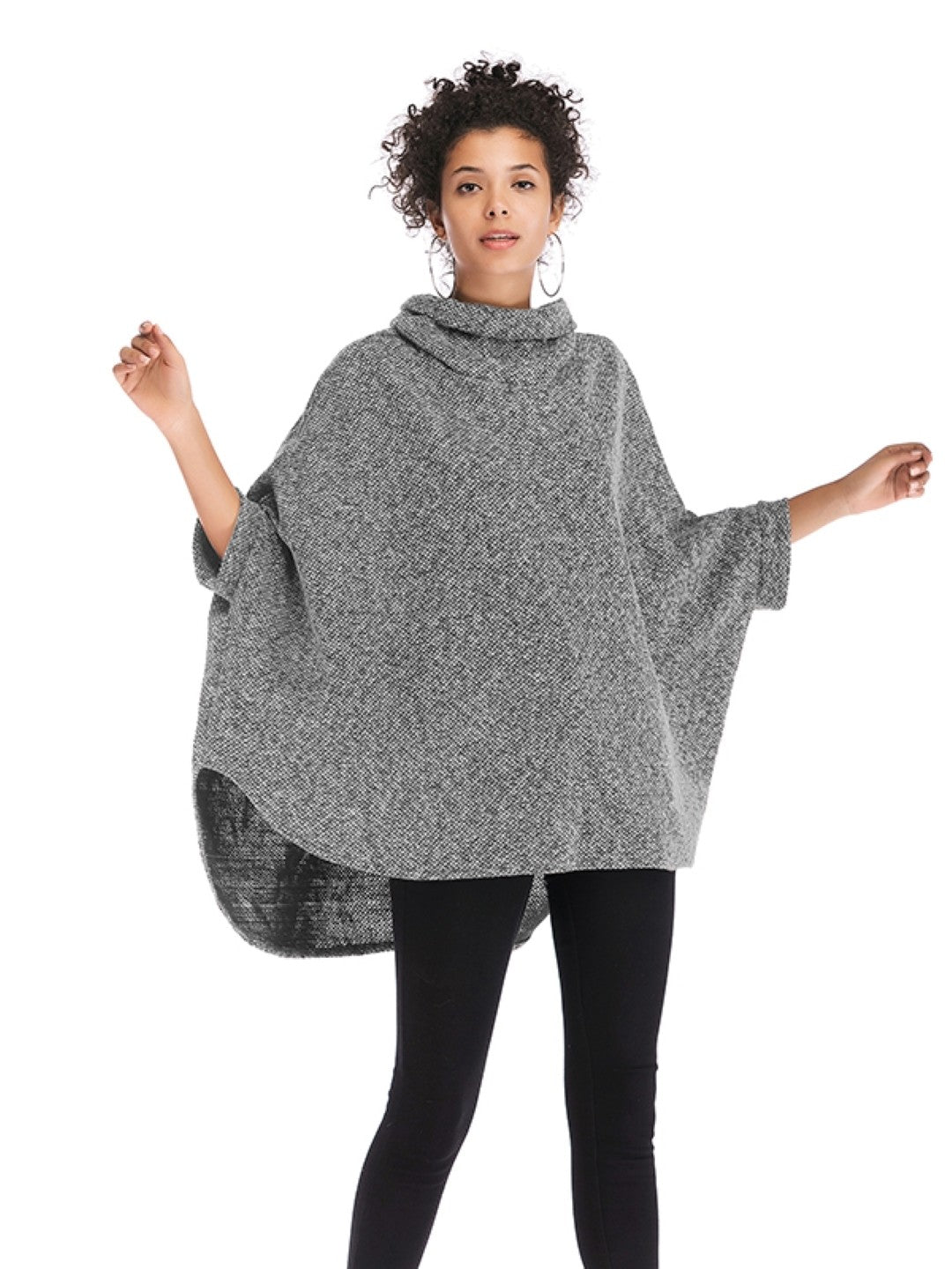 Grey Round Neck Solid Three-Quarter Sleeves Polyester Top