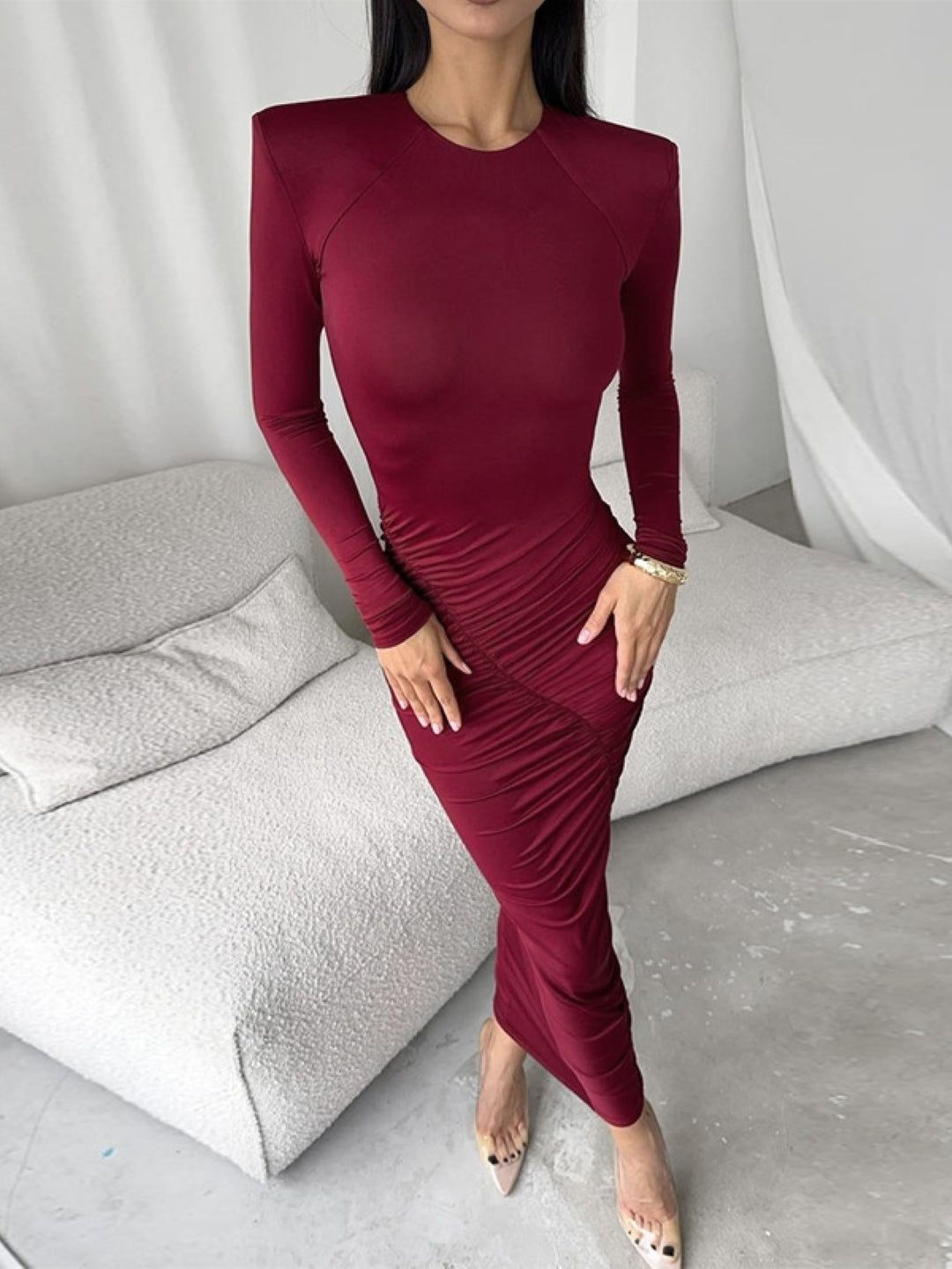 Red Round Neck Solid Long Sleeves Maxi Bodycon Polyester Dress