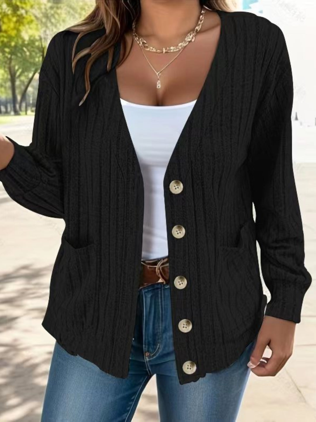 Black V-Neck Solid Long Sleeves Polyester Top