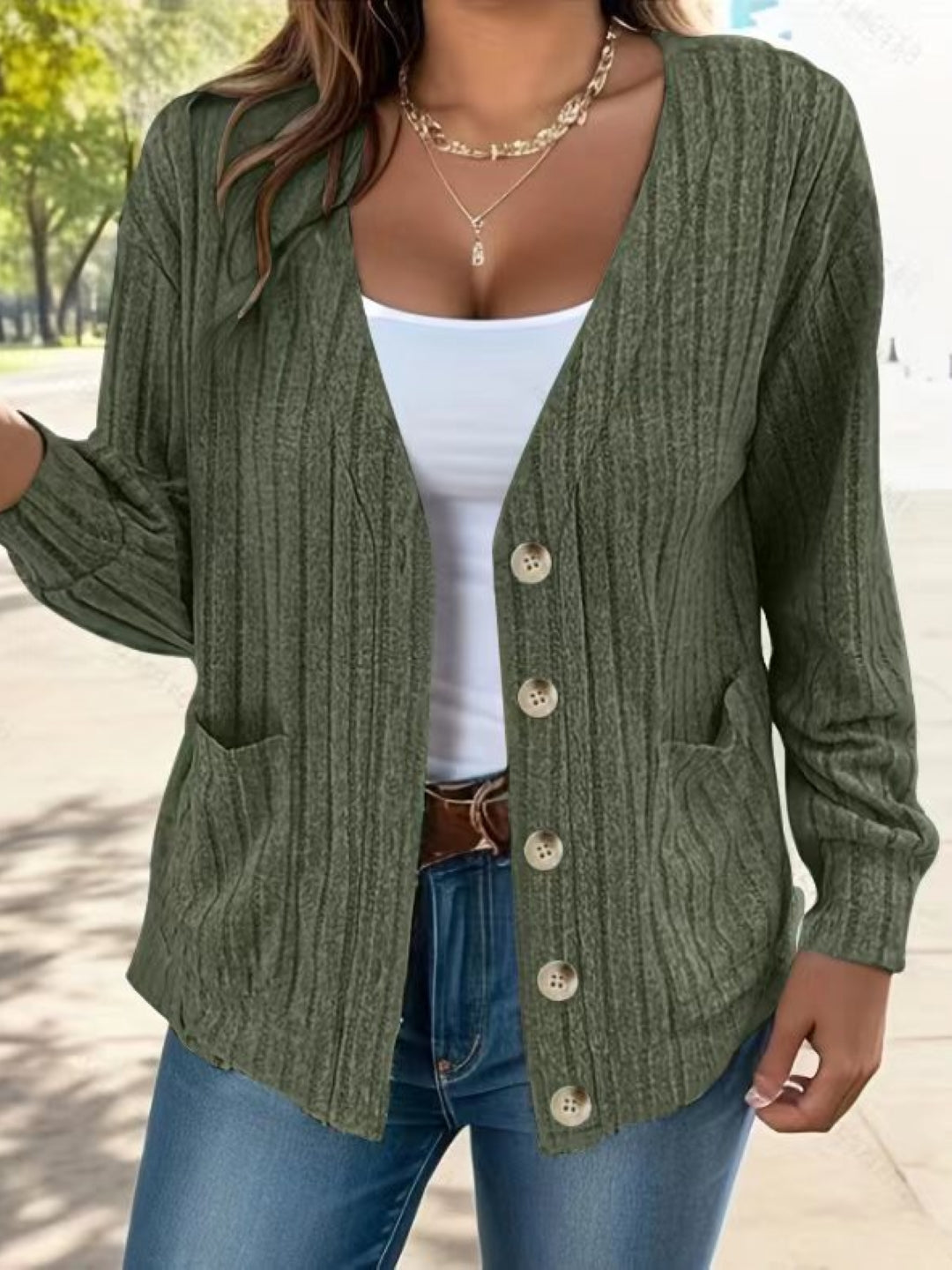 Green V-Neck Solid Long Sleeves Polyester Top