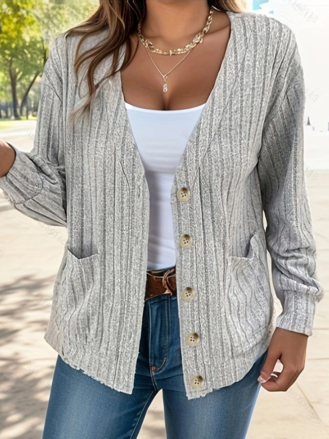 Grey V-Neck Solid Long Sleeves Polyester Top
