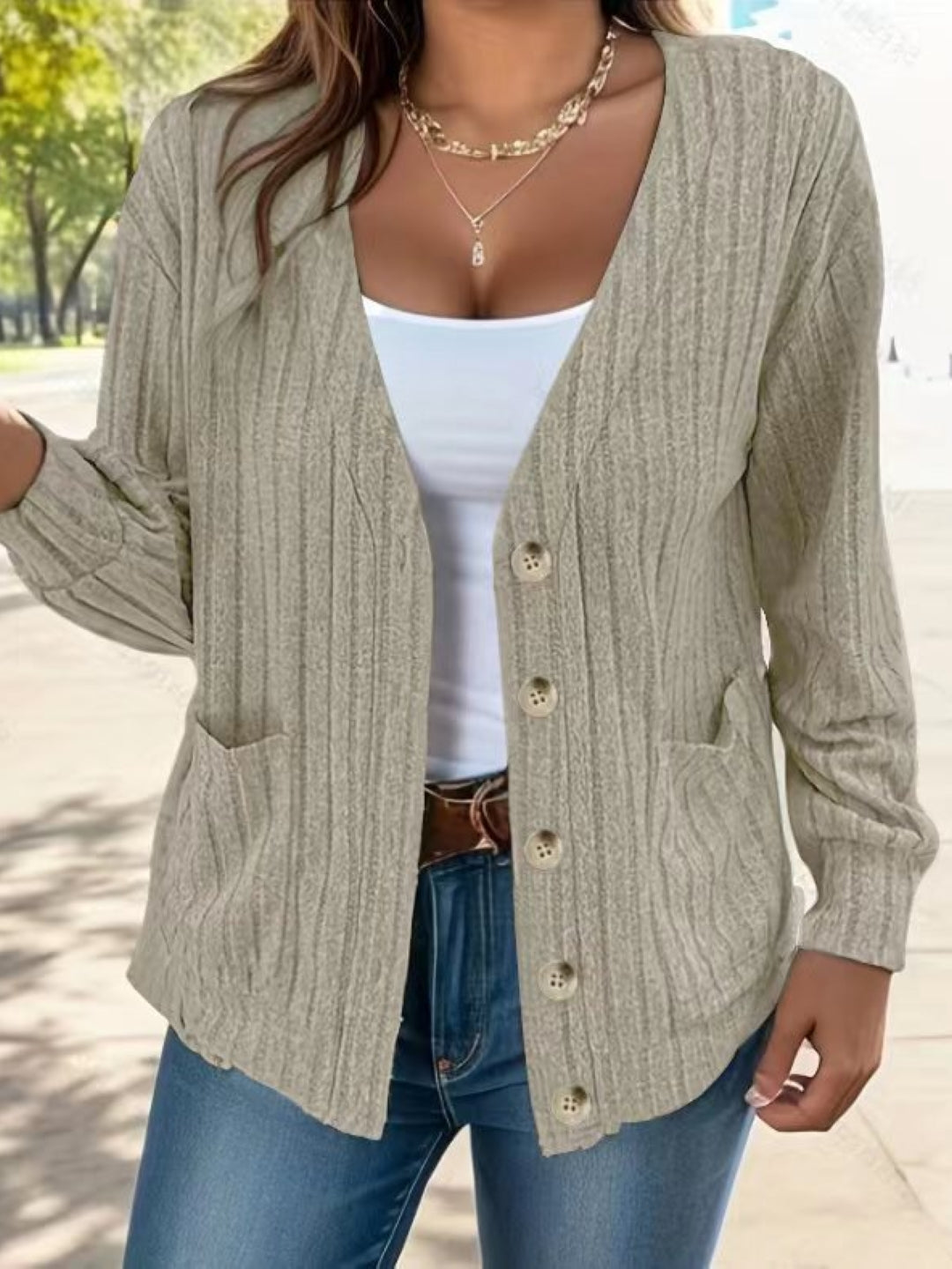 Khaki V-Neck Solid Long Sleeves Polyester Top