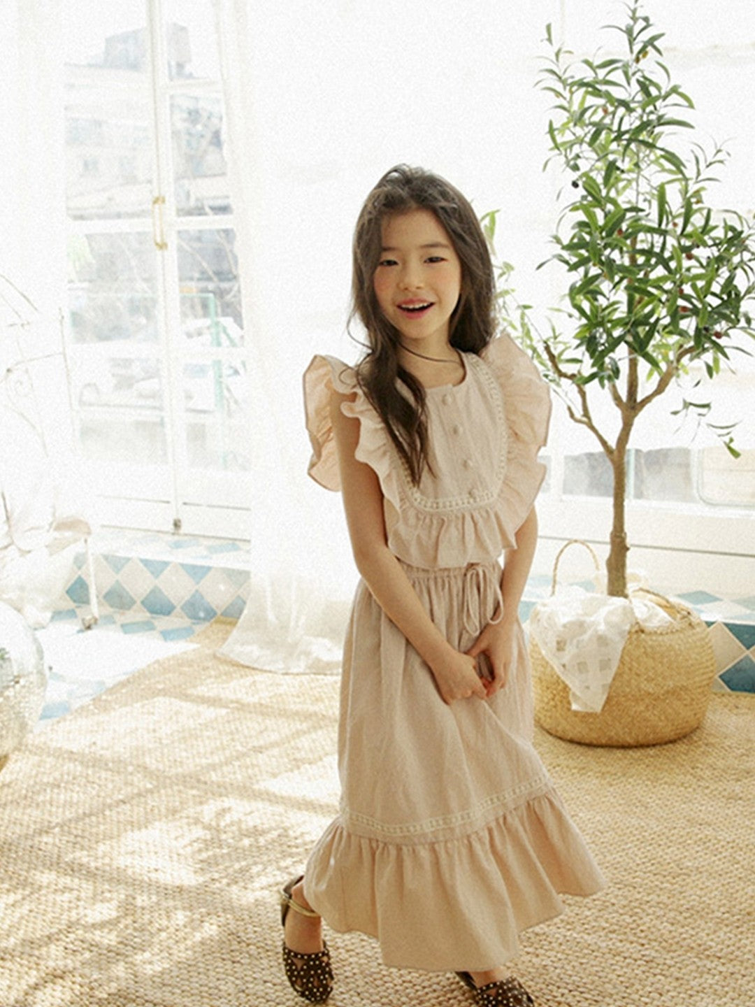 Cream Round Neck Casual A-Line Solid Cotton Knee Length Dresses