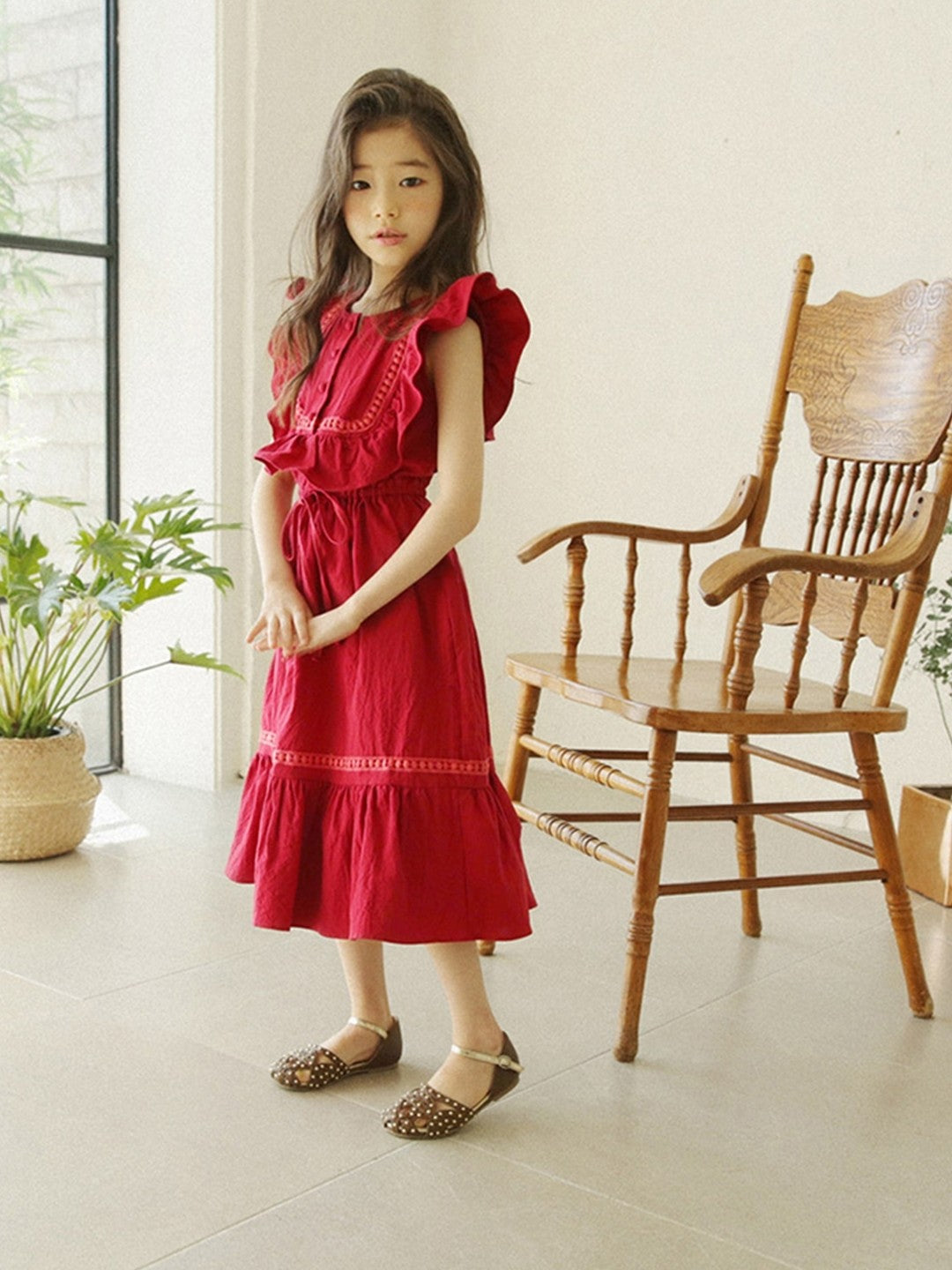 Red Round Neck Casual A-Line Solid Cotton Knee Length Dresses