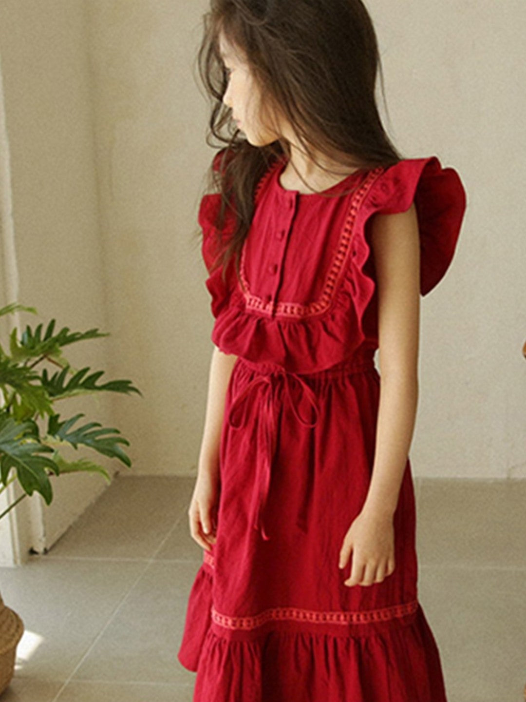 Red Round Neck Casual A-Line Solid Cotton Knee Length Dresses