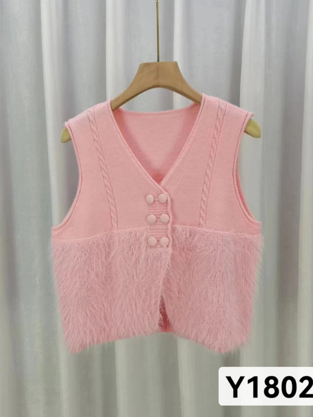 Pink Nylon V-Neck Sleeveless Solid Top