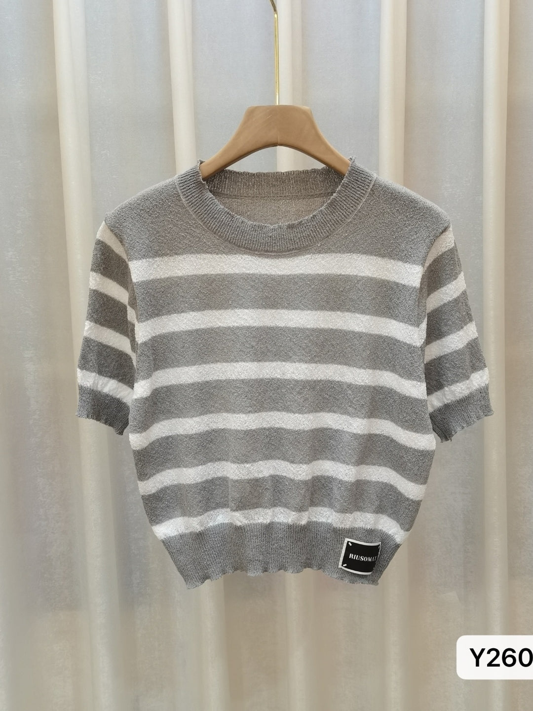 Grey Round Neck Short Sleeves Horizontal Stripes Top