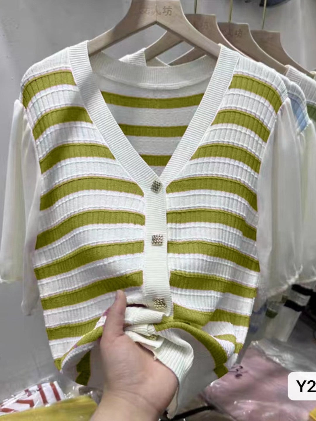 Green V-Neck Short Sleeves Horizontal Stripes Top