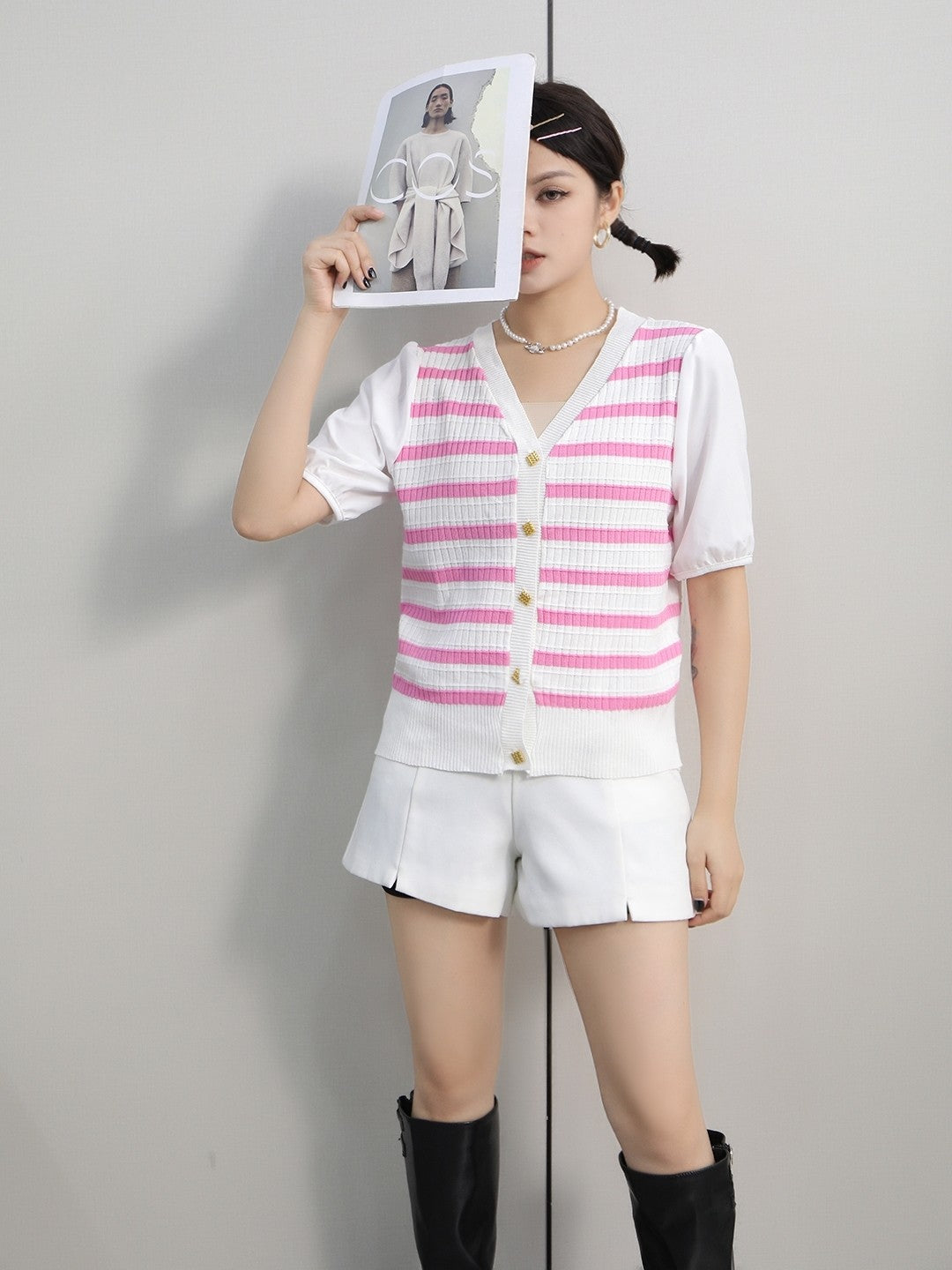 Pink V-Neck Short Sleeves Horizontal Stripes Top