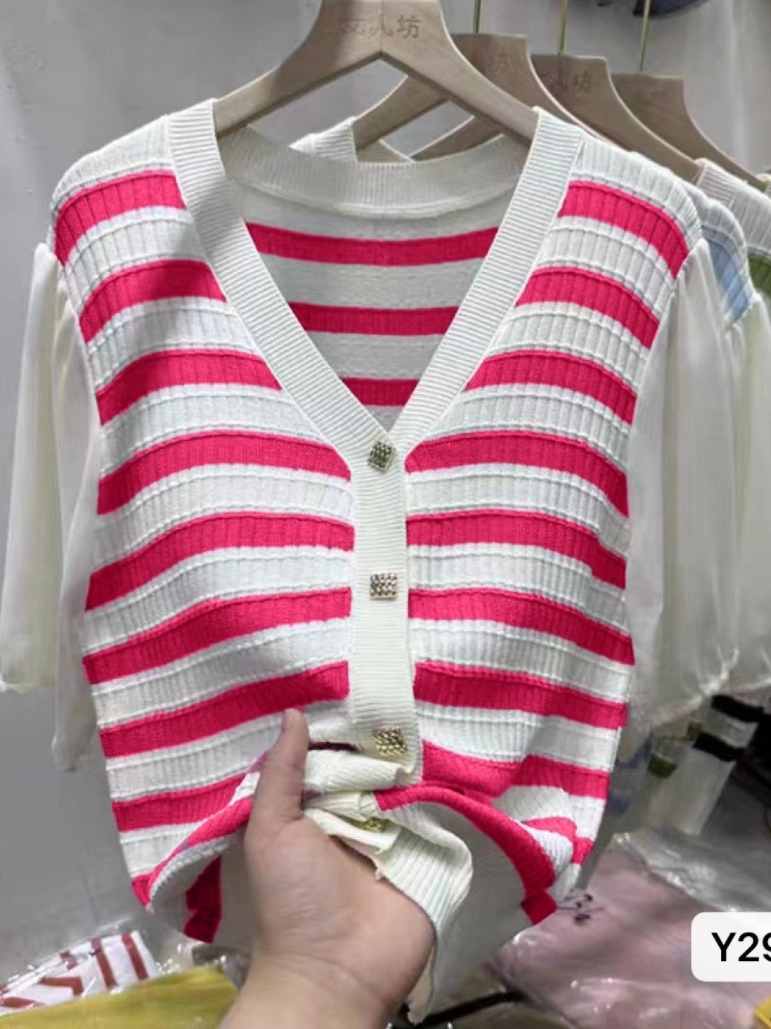 Red V-Neck Short Sleeves Horizontal Stripes Top
