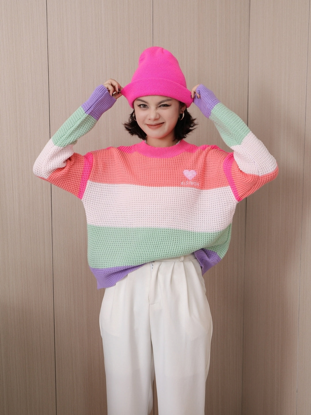 Red Round Neck Long Sleeves Horizontal Stripes Top
