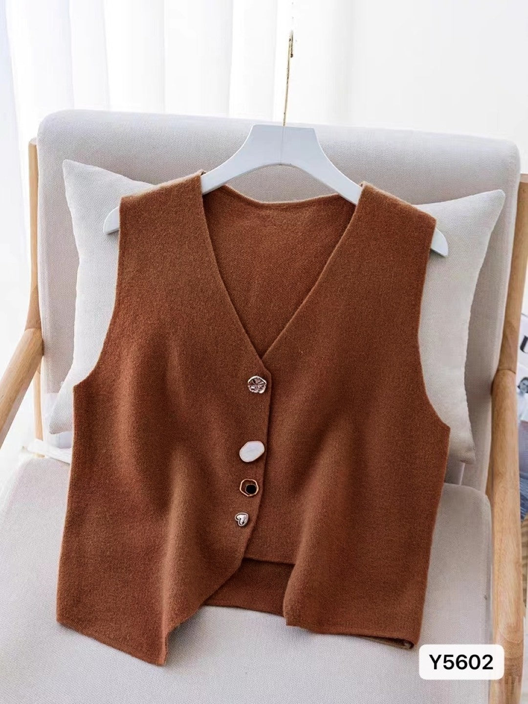 Brown V-Neck Sleeveless Solid Top