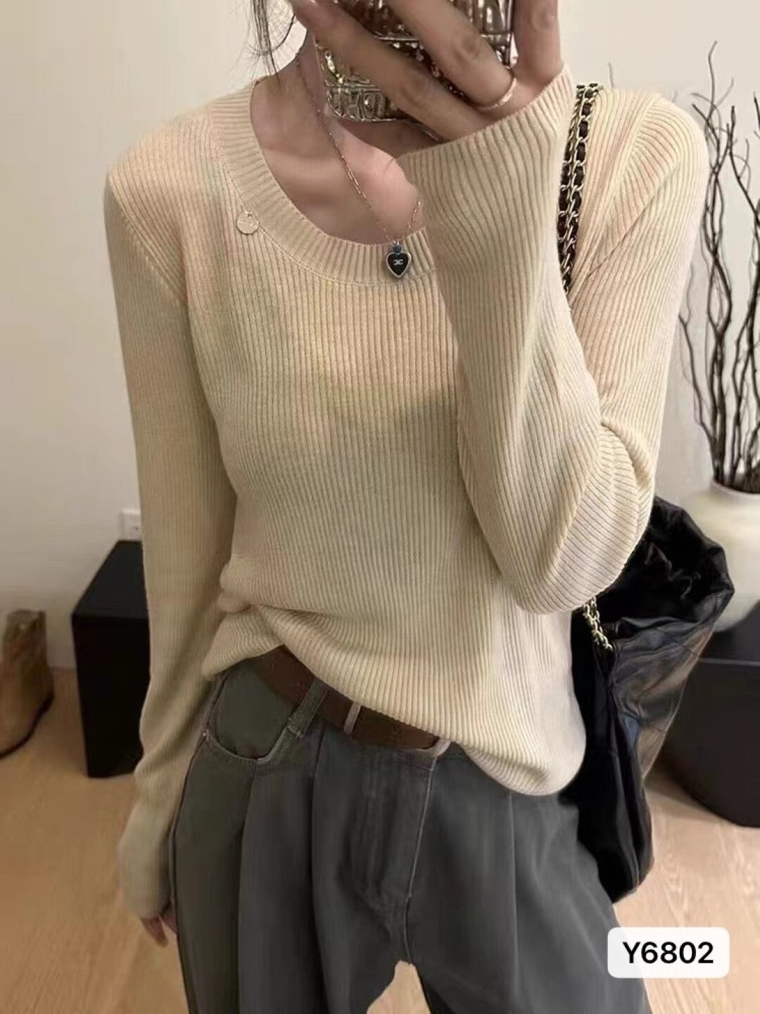 Cream Viscose Rayon Round Neck Long Sleeves Solid Top