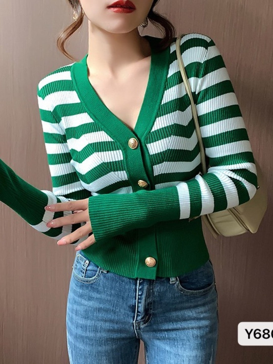 Green Viscose Rayon V-Neck Long Sleeves Horizontal Stripes Top