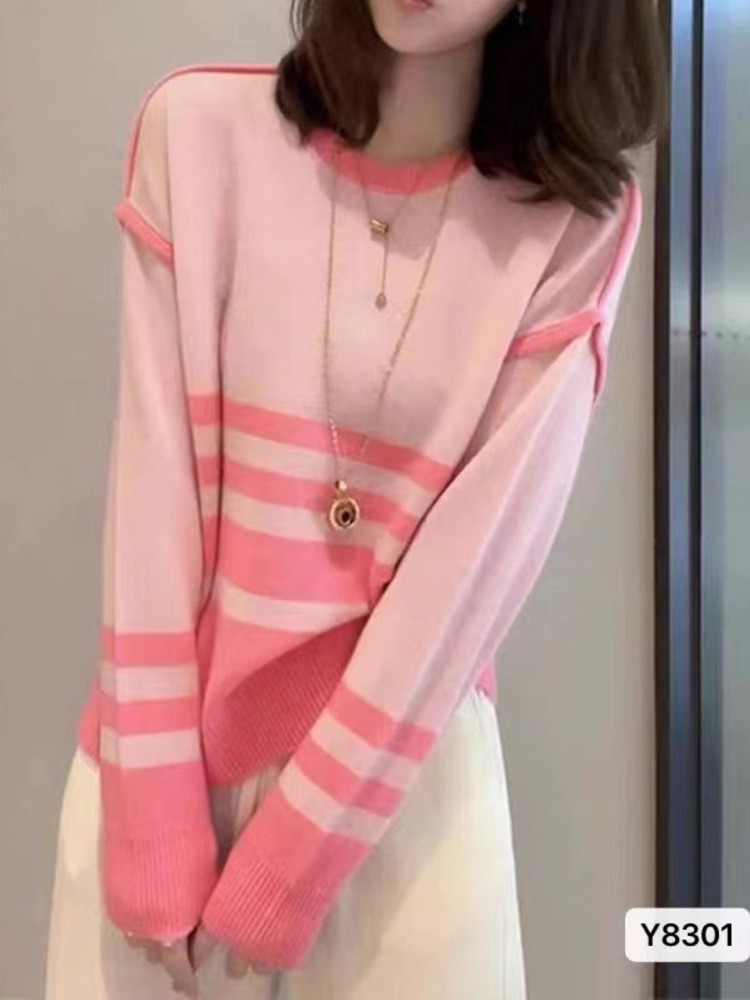 Pink Round Neck Long Sleeves Horizontal Stripes Top