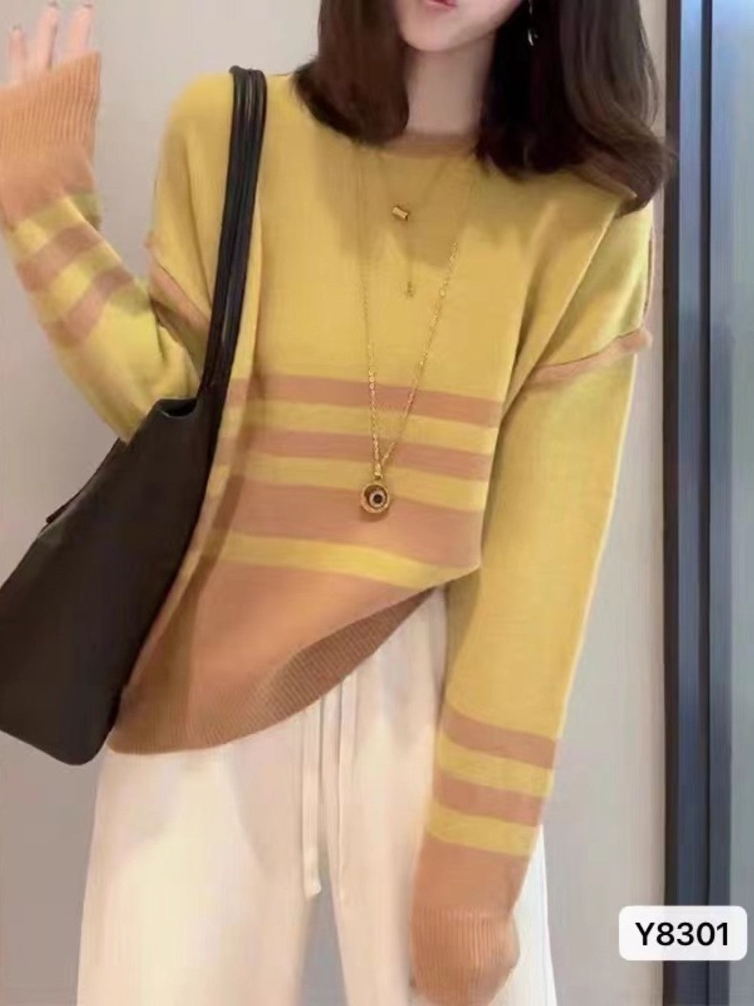 Yellow Round Neck Long Sleeves Horizontal Stripes Top