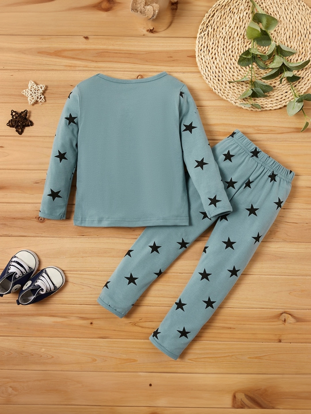 Blue Round Neck Printed Long Sleeves Top & Trouser Set