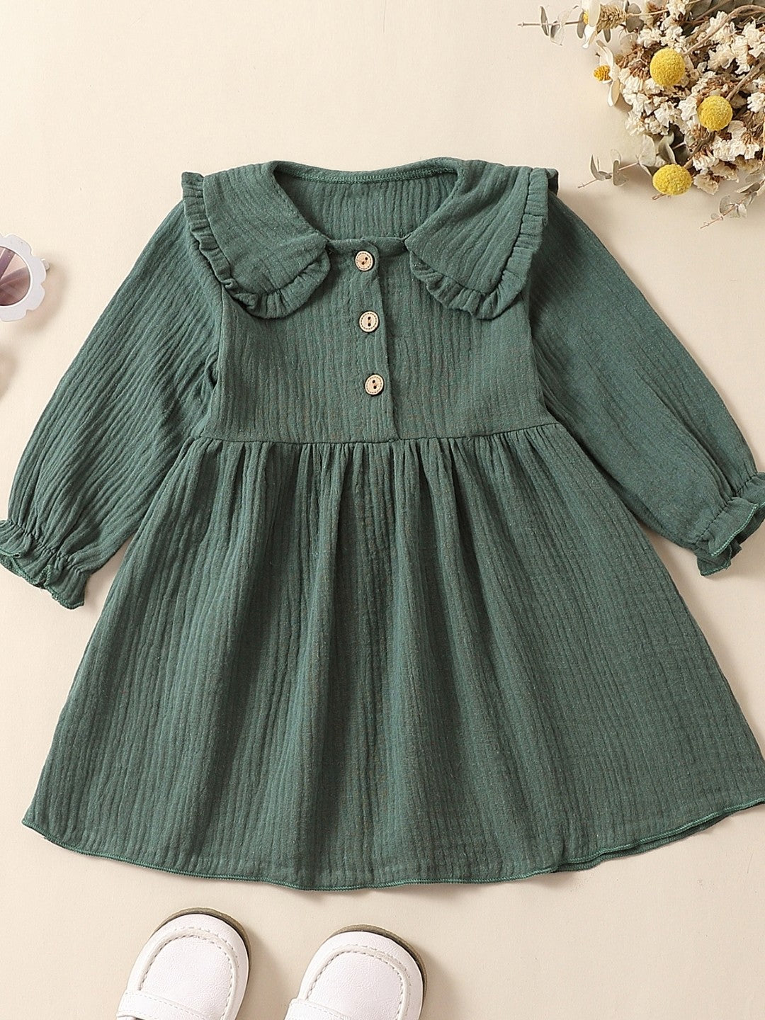 Green Round Neck A-Line Casual Solid Long Sleeves Knee Length Polyester Dress