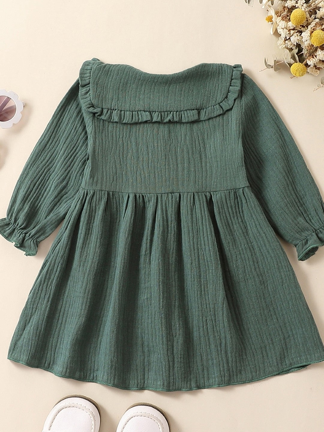 Green Round Neck A-Line Casual Solid Long Sleeves Knee Length Polyester Dress