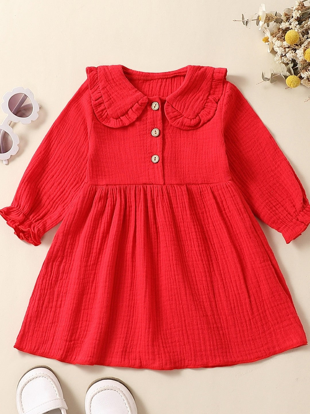 Red Round Neck A-Line Casual Solid Long Sleeves Knee Length Polyester Dress