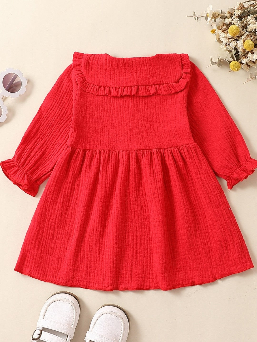 Red Round Neck A-Line Casual Solid Long Sleeves Knee Length Polyester Dress