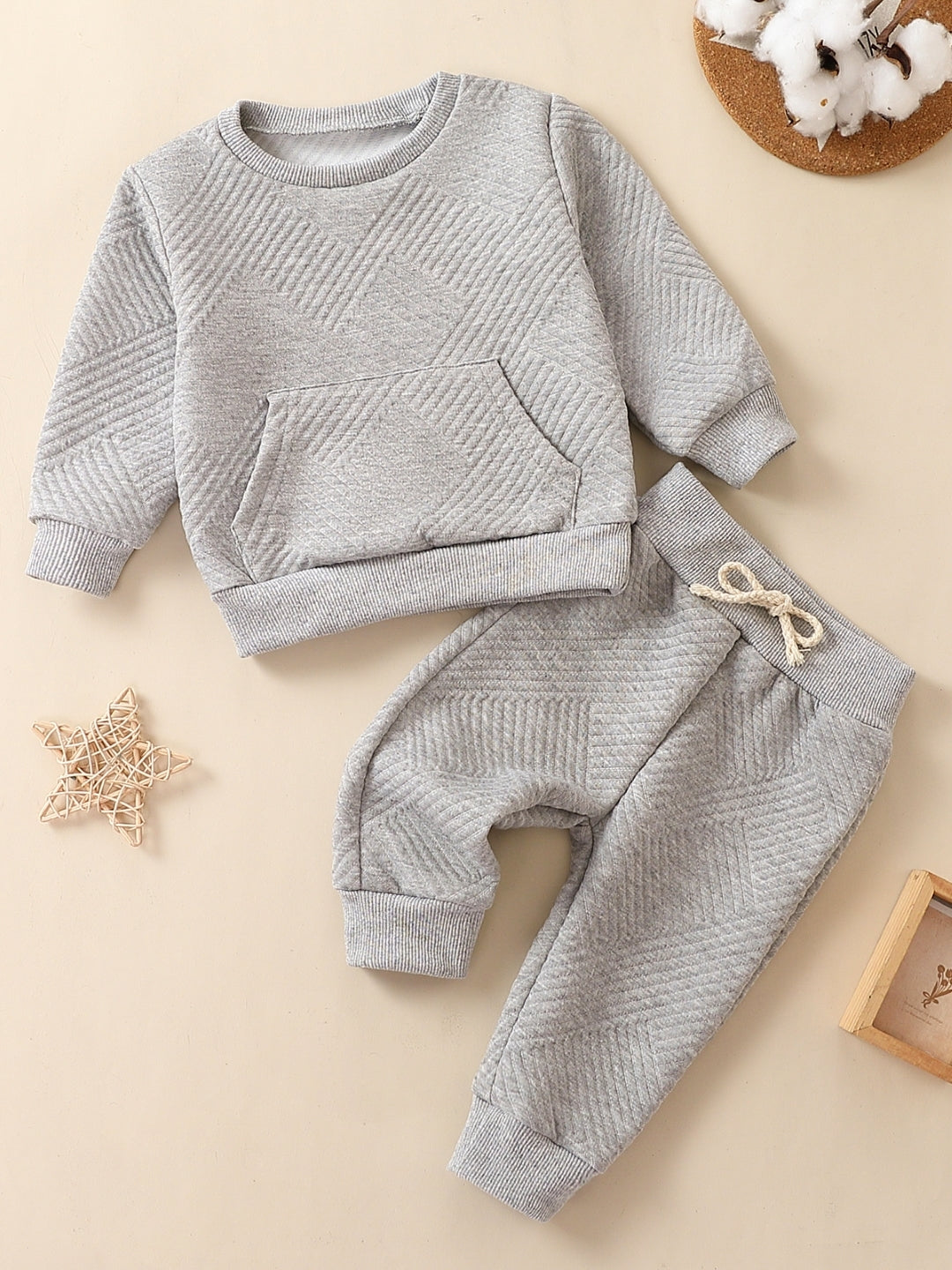 Grey Round Neck Long Sleeves Pure Cotton Top & Trousers Set