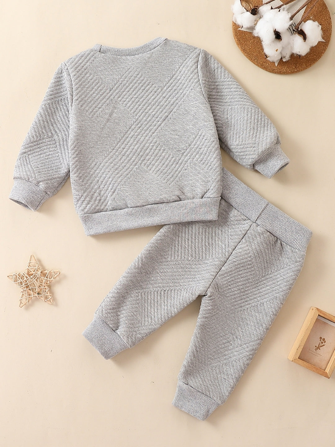 Grey Round Neck Long Sleeves Pure Cotton Top & Trousers Set