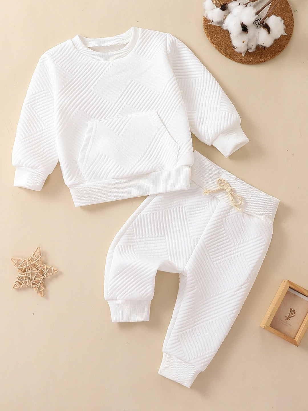 White Round Neck Long Sleeves Pure Cotton Top & Trousers Set