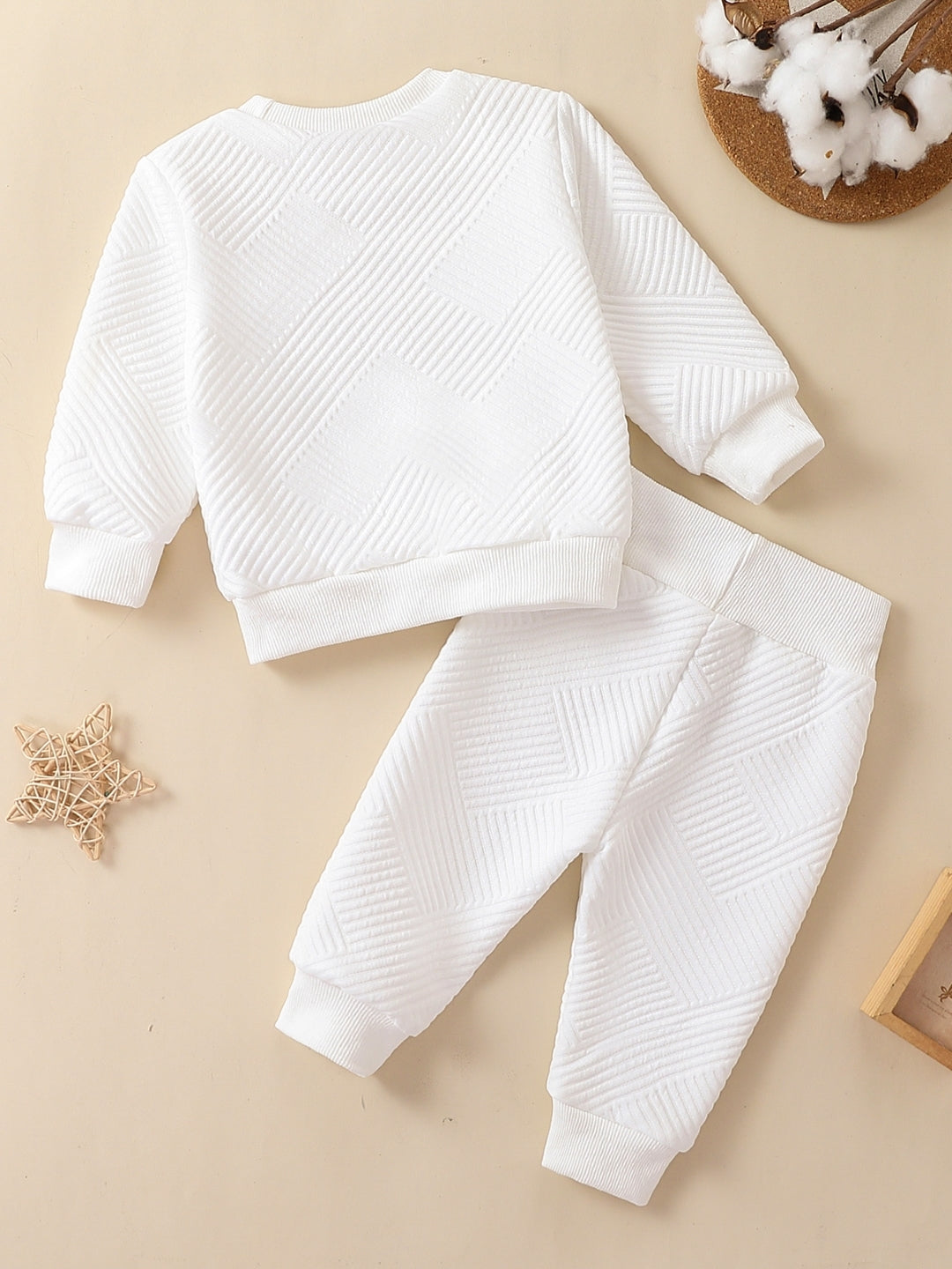 White Round Neck Long Sleeves Pure Cotton Top & Trousers Set